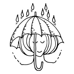 Mental health. Concept good mood, feeling, emotion. Girl with umbrella in rain. Hand drawn vector illustration