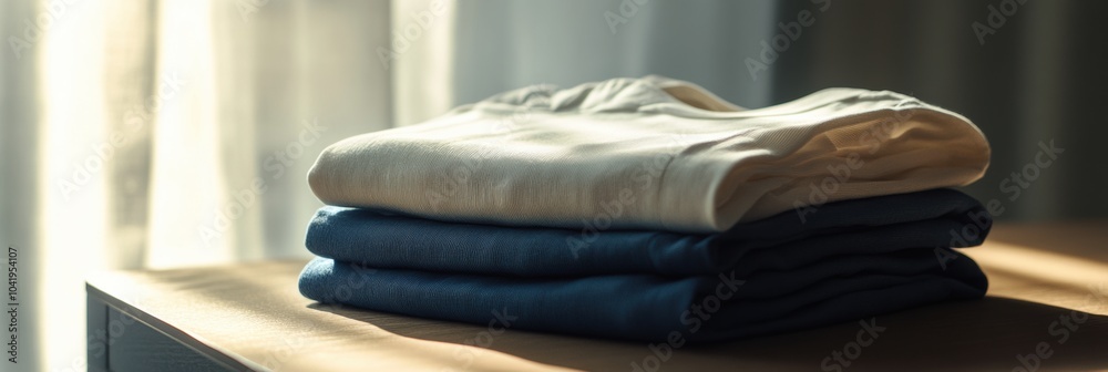 Aufkleber A collection of minimalist sportswear is neatly arranged on a smooth table, illuminated by soft afternoon sunlight through the window. Generative AI