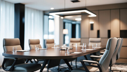 A blurred image of a stylish conference room with a large table, comfortable chairs, and contemporary decor, suggesting a professional environment.