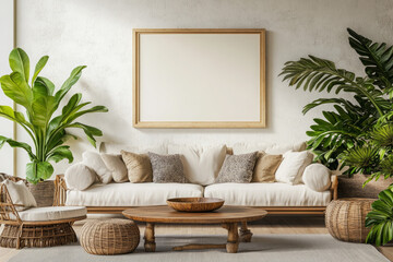Tropical Bohemian Living Room Ideas: Modern Coastal Interiors with Natural Elements and White Sofa