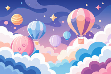 Fantasy Cloudscape with Hot Air Balloons and Stars © Imran