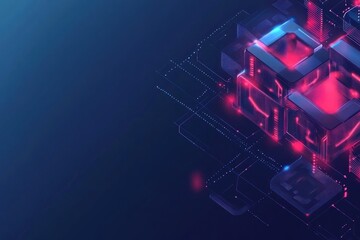 Abstract digital design featuring glowing geometric shapes and lines in a dark background.