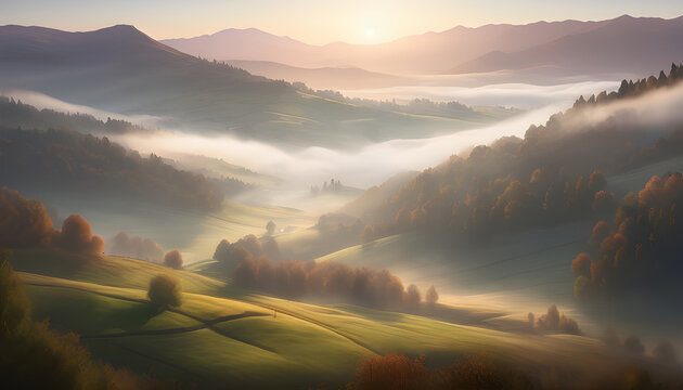 Misty Morning Sunrise Over Rolling Hills