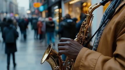 Obraz premium A male musician of African descent plays the saxophone in a busy urban street.