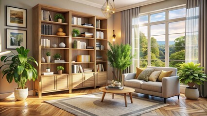 Fototapeta premium Modern Bookcase Study with Elegant Design and Neutral Tones for Home Decor Inspiration