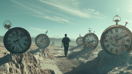 A surreal portrait of a person walking through a desert of clocks, each ticking at different speeds, representing the distortion of time