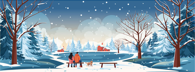 Winter Vocation background with houses Christmas tree inspired winter landscape
