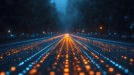 Abstract Road with Blue and Orange Lights, Abstract Design, Abstract Background, Nighttime Road, Abstract Light, Neon Lights, Futuristic Design, 
