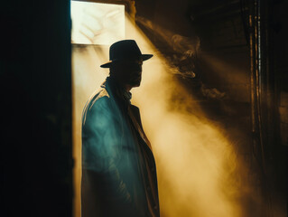 A suspenseful cinematic portrait of a detective in a dark, smoky room, lit by a single beam of light cutting through the shadows