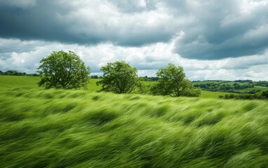 Lush green field with swaying grass and trees under a cloudy sky.