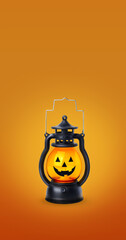 Halloween pumpkin lamp on orange background vertical banner close up copy space