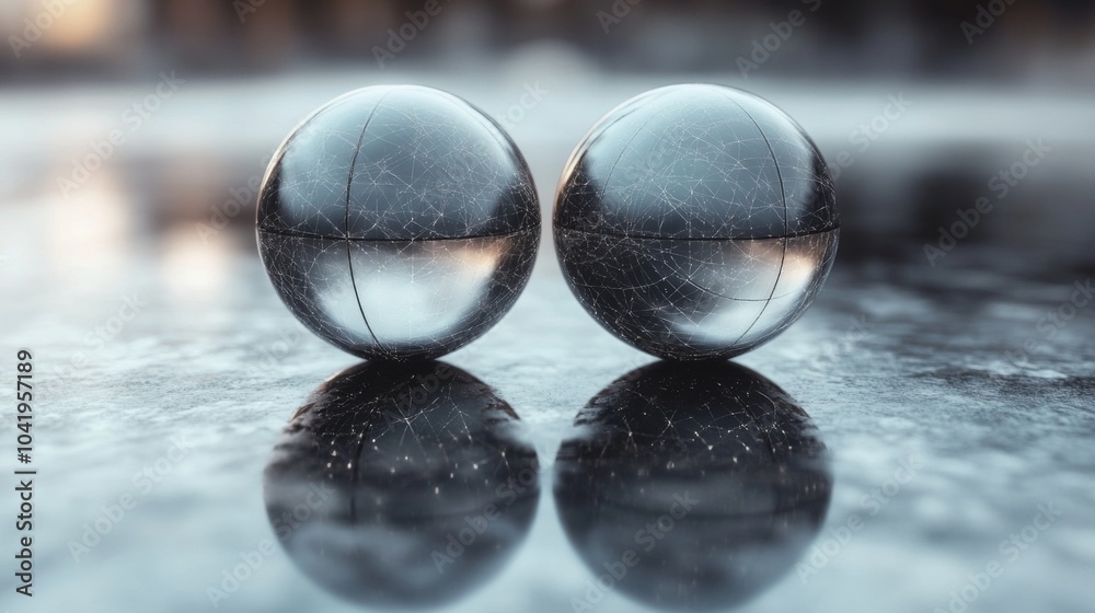 Poster Two clear spheres sit side by side on a reflective surface, showcasing intricate patterns and a shimmering icy texture illuminated by natural light, creating a serene atmosphere.