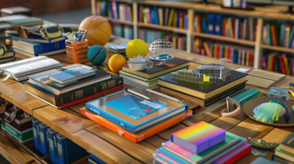 A table full of diverse educational resources including books, digital tablets, 3D models, and interactive learning materials