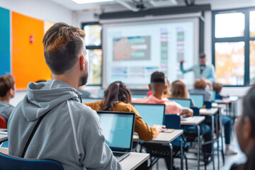 A teacher conducting an online lecture with an LMS, sharing course material and tracking student participation in real-time