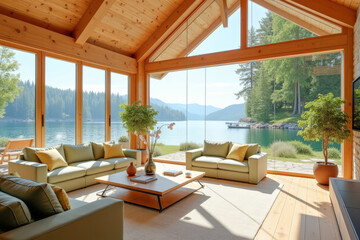 spacious bright living room in the chalet with large panoramic windows,, lake view