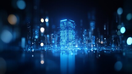 Fototapeta premium Modern city skyline with glowing skyscrapers and reflections at night.