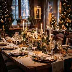 Elegant New Year&rsquo;s Eve dinner table with festive decorations, candles, and gourmet dishes. Generative AI