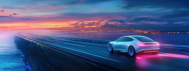 Obraz premium A car is driving down a road with a city in the background