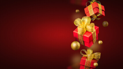 Levitation with red gift boxes with golden bows on red background. Gift and holiday concept. Banner poster photo Copy space