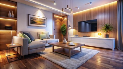 Modern Guest Room with White Sofa and Wooden Table in Low Light Photography
