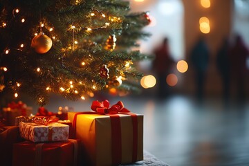 Warm holiday scene with gifts under Christmas tree