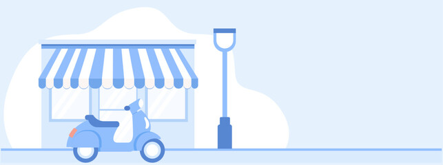 Flat vector scooter parked in front of shop with streetlamp