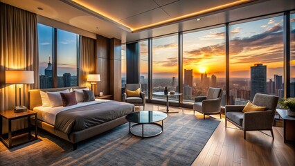 Naklejka premium Modern Hotel Room with Stunning City View for Urban Exploration Photography