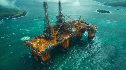 Naklejka premium Paint a scene of a self-repairing coating on offshore oil and gas platforms, where corrosion and damage from harsh marine