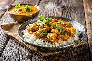 Delicious chicken curry with rice served on a rustic wooden surface at a tilted angle
