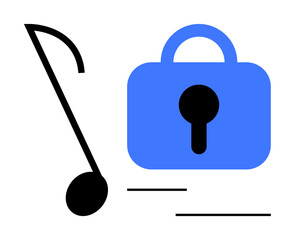 Musical note and blue padlock symbolize music piracy, security, copyright, protection, and intellectual property. Ideal for digital security, music industry rights, copyright issues, lock