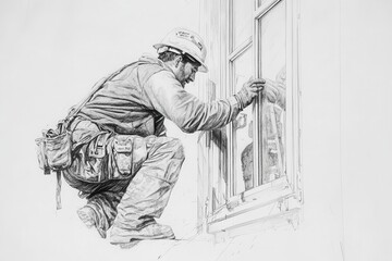 Sketch of builder working on window installation