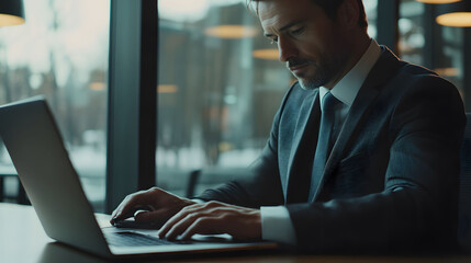 Handsome businessman in suit sitting at desk in office, working on laptop