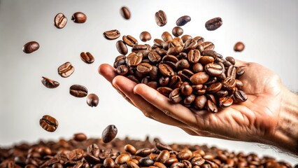 Fototapeta premium Handful of Roasted Coffee Beans on White Background