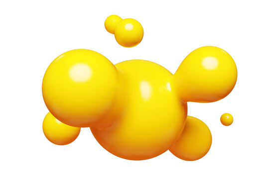 Yellow abstract liquid metaball shape. 3d render illustration of fluid soft bubble blob. Organic bright decorative sphere geometric form. Morphing ball aqua drop or molecule. Flow particles.