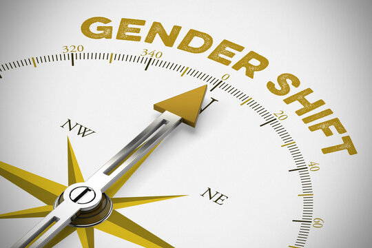 Kompass zeigt auf Schriftzug &bdquo;Gender Shift&ldquo; als Konzept