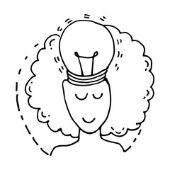 Creative idea. Light bulb in the head, representing ideas. Symbol of  thinking. Hand drawn line vector illustration.