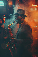 A vibrant vintage film portrait of a jazz musician in a smoky club, the image filtered to emulate the warm hues of old Kodachrome film