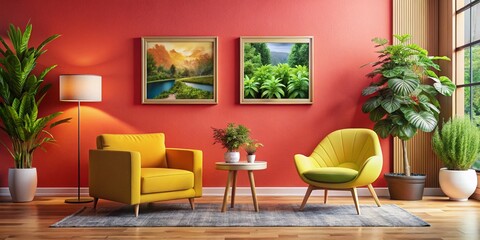 Fototapeta premium Modern Living Room with Yellow Chair, Green Plant, and Smart Speaker on Coral Wall for Contemporary Interior Design