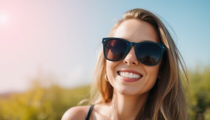 Smiling woman enjoying sunny day outdoors while wearing sunglasses and surrounded by greenery