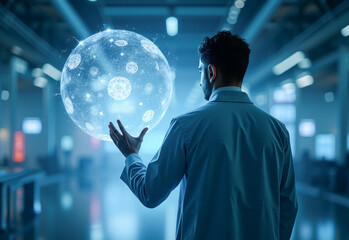 a scientist microbiologist geneticist studies a large model of a bacterium a molecule a virus a hologram