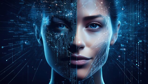 Artificial intelligence concept; background, header for blog or social media posts about AI and technology; digital particles and code fragments forming a photorealistic woman's face