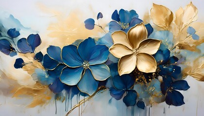 abstract floral oil painting gold and blue hydrangea flower on white background