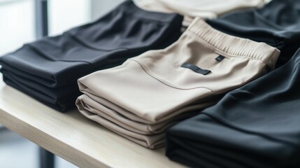 Beautifully arranged sportswear is stacked on a clean table, highlighting the simplicity and functionality of modern athletic clothing. Generative AI
