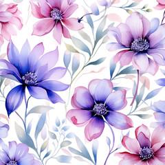 Watercolor illustration of pink and purple floral pattern design with white background