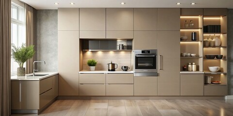 Modern Minimalist Kitchen with Beige Lacquer Cabinets and Built-In Appliances