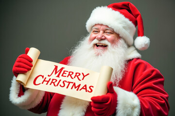 Cheerful Santa Claus is laughing and holding a poster with the inscription Merry Christmas