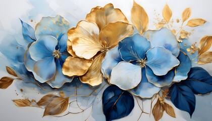 abstract floral oil painting gold and blue hydrangea flower on white background