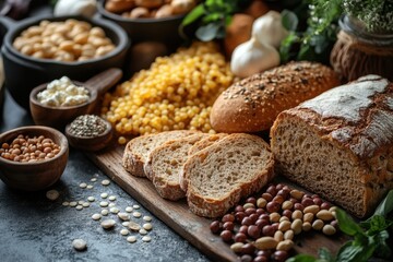 Fototapeta premium Freshly baked bread and assorted grains displayed on a rustic wooden board in a cozy kitchen setting