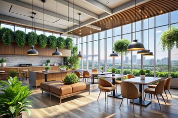 Modern Office Cafeteria with Large Windows and Contemporary Design for a Bright Work Environment