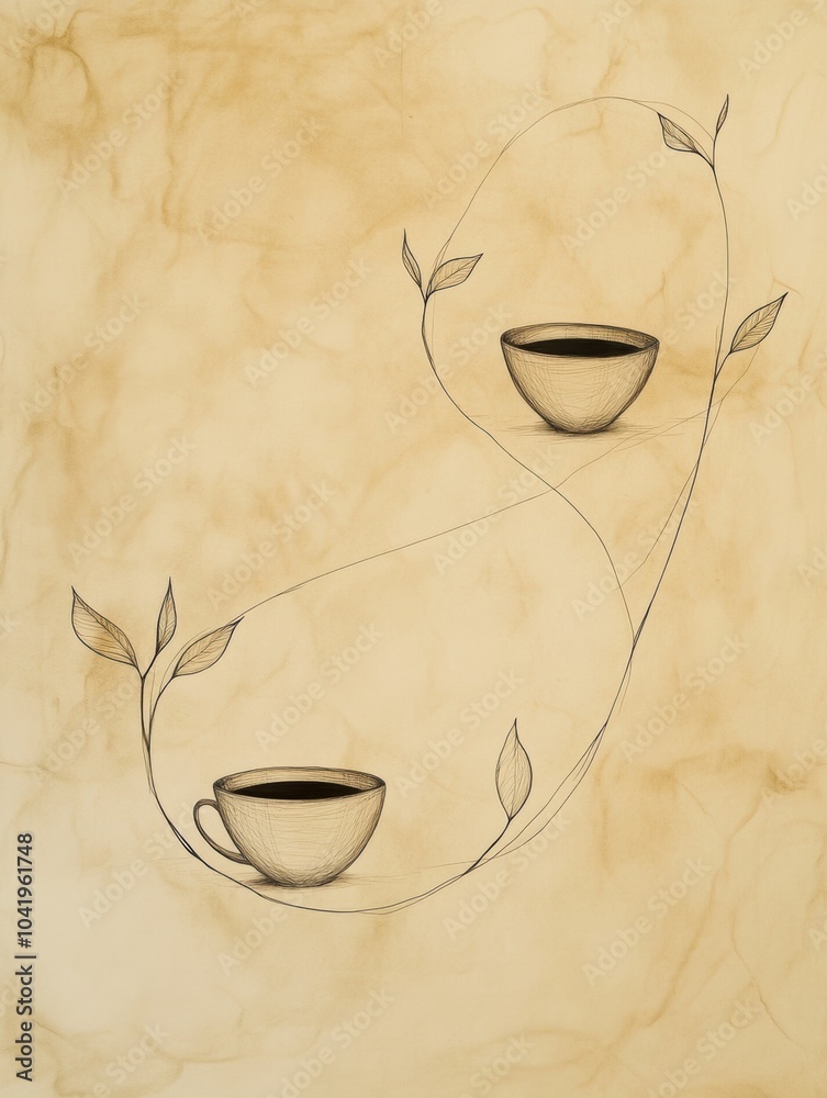 Poster harmonious tea leaves intertwine with two cups, creating a soothing visual on a warm, subdued surfac